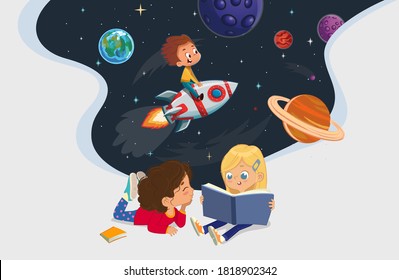 Ilustración de dos niñas sentadas en el suelo y leyendo el libro sobre la aventura astronauta. Espacio, estrellas de los rockers, galaxia y planetas en el fondo. Leer y explorar el concepto.