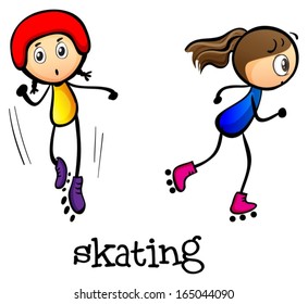 Illustration of the two girls skating on a white background