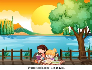 Illustration of the two girls studying at the wooden bridge
