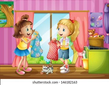 Illustration of the two girls talking about their dresses