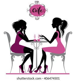 Illustration of two girls talking in cafe