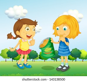 Illustration of the two girls talking with junkfoods