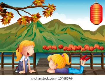 Illustration of the two girls talking at the wooden bridge