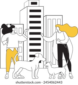 illustration of two girls walking with dogs in a big city
