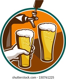 Illustration Of Two Glass Full Pint Of Beer With Hand Holding And Tap In Background Set Inside Circle.