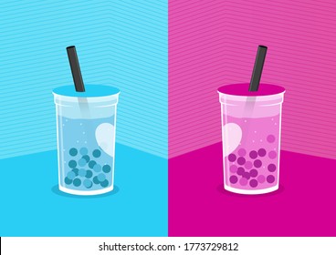 An illustration of two glass romantic boba. Blue and pink background with love. Romantic drinks for your lover. Very sweet taste and sweet memories. But boba drink is high calories and sugar. Romantic