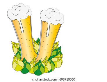 Illustration with two glasses of beer with some hop blossoms