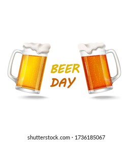 illustration of two glasses of light beer on white background, happy beer day