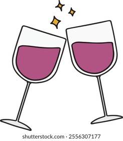 illustration of two glasses of wine, showing party cheers with sparkles
