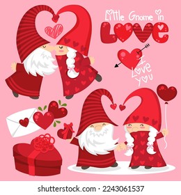  Illustration of two gnomes in love, giving away chocolates and love letters, drawings of gnomes, Nordic gnomes