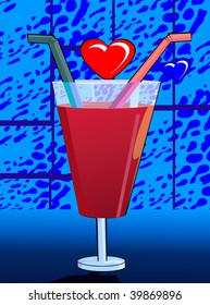 Illustration of two goblets with straw and  love symbols	