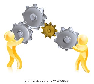 An illustration of two gold men turning big gears or cogs