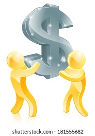 An illustration of two gold people mascots holding a big dollar sign