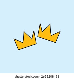 Uma ilustração de duas coroas douradas com formas simples e afiadas em um fundo azul claro. Adequado para temas reais, príncipes, rainhas ou símbolos de vitória e poder.