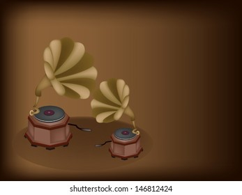 Illustration of Two Golden Gramophone or Turntable on Beautiful Brown Background with Copy Space for Text Decorated  