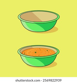 an illustration of two green bowls, one empty and one filled with orange soup garnished with herbs, set against a yellow background. Clean, flat design is ideal for food-related projects.