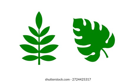 Uma ilustração de duas folhas verdes sobre um fundo branco limpo, apresentando uma simples folha comum e uma distinta folha de Monstera com seus padrões característicos divididos.