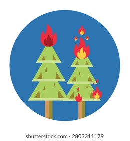 Illustration of two green trees engulfed in flames on fire against blue background