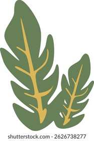 Illustration of two green tropical leaves with yellow veins, ideal for eco graphic decoration or jungle nature concept.