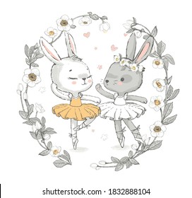 Ilustración de dos bailarinas bailarinas grises y blancas. Niñas de conejos bailando. Una corona con hermosas flores en el fondo. Se puede usar para imprimir camisetas, los niños usan diseño de moda, ba