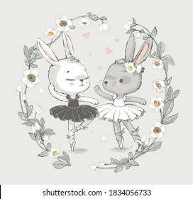 Ilustración de dos bailarinas bailarinas grises y blancas en bunnye. Niñas de conejos bailando. Una corona con hermosas flores en el fondo. Se puede usar para imprimir camisetas, los niños usan diseño de moda, ba