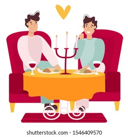 Illustration of two guys eating at a table with candles isolated on a white background.Vector illustration with two boys in love. Thanksgiving or holiday. Colorful vector illustration for articles.