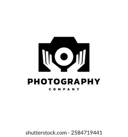 illustration of two hand inside a camera photo. hand camera logo template for photography company.