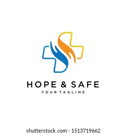 Illustration of two hands above and below facing each other on cross logo design.