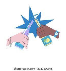 Illustration of two hands with bottles of lemonade in various flavors. Clinking people with soda.