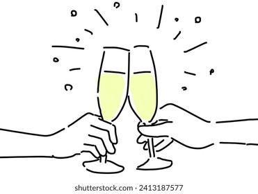 Illustration of two hands clinking glasses of champagne with sparkles