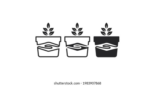 Illustration von zwei Händen in Kombination mit einem Topfpflanzensymbol