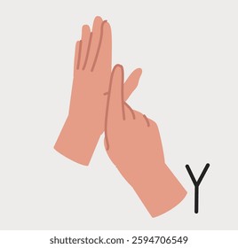 Illustration of two hands demonstrating the letter Y in sign language on a light background. The design is simple and clear, ideal for educational purposes. Vector illustration