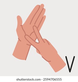 Illustration of two hands demonstrating the letter V in American Sign Language on a light background. The image emphasizes communication and inclusivity. Vector illustration