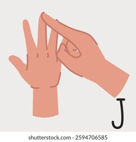 Illustration of two hands demonstrating the letter J in sign language on a light background. The right hand forms the letter while the left hand remains open. Concept of communication and inclusivity