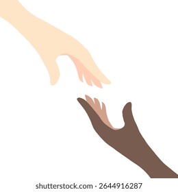 Ilustração de duas mãos com diferentes tons de pele que se estendem umas pelas outras, simbolizando solidariedade e unidade.