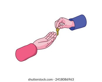 Illustration of two hands engaged in a hotel or house booking transaction, with an illustration of handing over house keys.