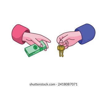 Illustration of two hands engaged in a hotel or house booking transaction, with an illustration of handing over house keys.