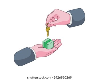 Illustration of two hands engaged in a hotel or house booking transaction, with an illustration of handing over house keys.