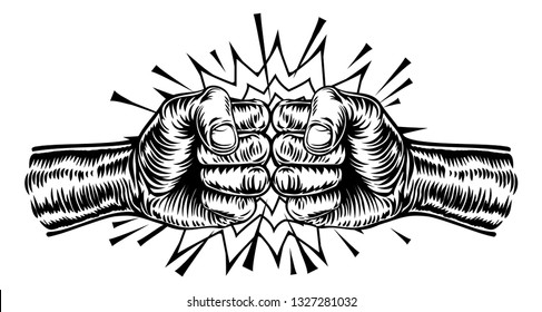 An illustration of two hands in fists punching each other or fist bumping in a vintage intaglio woodcut engraved or retro propaganda style