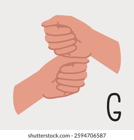 Illustration of two hands forming the letter G using a gripping gesture. The design is minimalistic with a soft color palette on a light background. Concept of sign language. Vector illustration