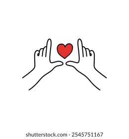 Ilustración de dos manos enmarcando un símbolo de corazón rojo sobre un fondo blanco.