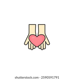 Illustration of two hands gently holding a bright red heart. Represents themes of love, care, kindness, and empathy. Symbolic image for charity, donation, protection, and emotional connection.