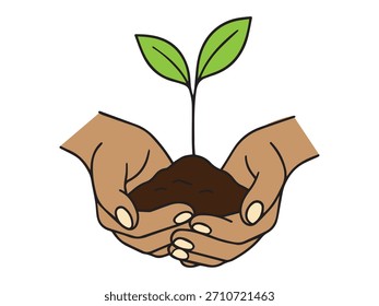 Illustration of two hands gently holding soil with a small growing plant. symbolizing sustainability, growth, nature care, reforestation, and environmental protection.