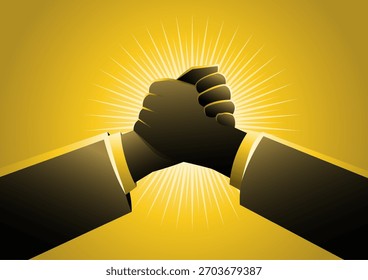 Una ilustración de dos manos agarrándose firmemente en un fuerte apretón de manos, que simboliza la unidad, el trabajo en equipo, el Acuerdo y la colaboración