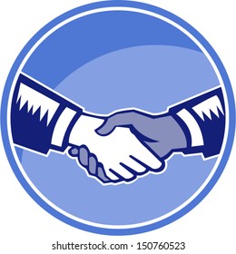 Illustration of two hands in handshake one white and the other black set inside circle done in retro woodcut style.