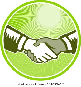 Illustration of two hands in handshake one white and the other black set inside circle done in retro woodcut style.