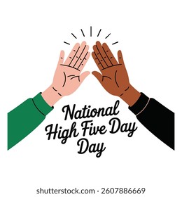 Illustration of two hands high-fiving, diverse skin tones, green and black sleeves, minimalist design, radiating lines above hands, celebratory gesture, National High Five Day text, white