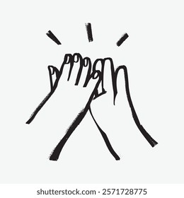 Illustration of two hands high-fiving, symbolizing teamwork and celebration. High-five gesture for success and unity. Simple, bold lines. Simple black line art doodle vector.