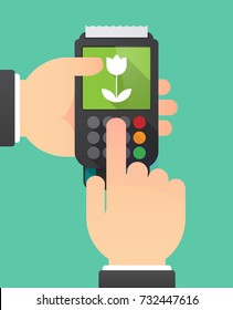 Illustration of two hands holdin a dataphone with a tulip