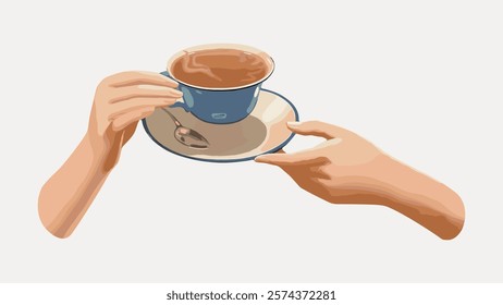 Illustration of two hands holding a blue cup and saucer. The hands, cup, and saucer are central. The cup and saucer are blue, and the hands are reaching. Vintage art, isolated vector element.